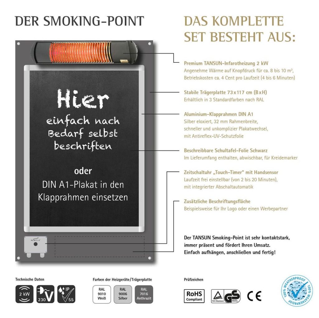 TANSUN Smokingpoint Infrarot-Heizstrahler für Raucher in der Gastronomie